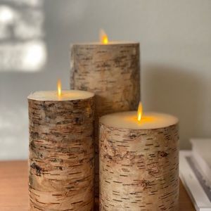 Premium Flickering Flameless Wax Pillar Candles - Textured Birch (Set of 3)